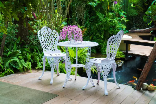 white enamel painted metal outdoor garden furniture with smooth glossy finish at adura paint emporium