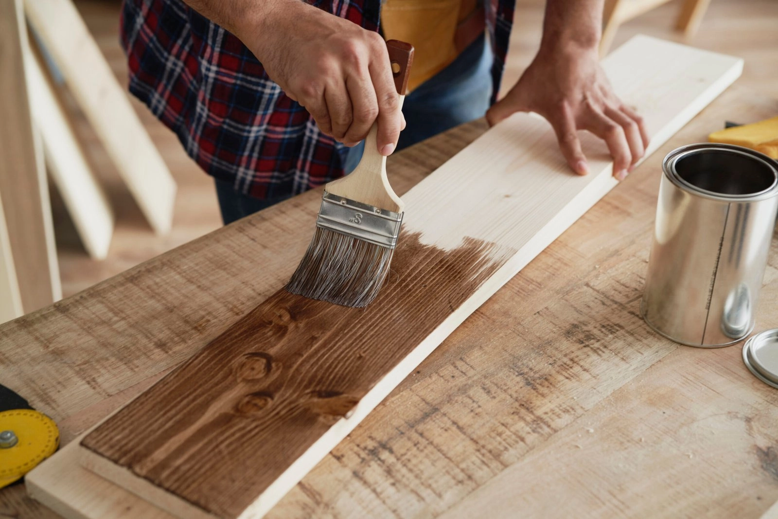 applying wood finish paint on wooden surface for smooth protective coating at adura paint emporium